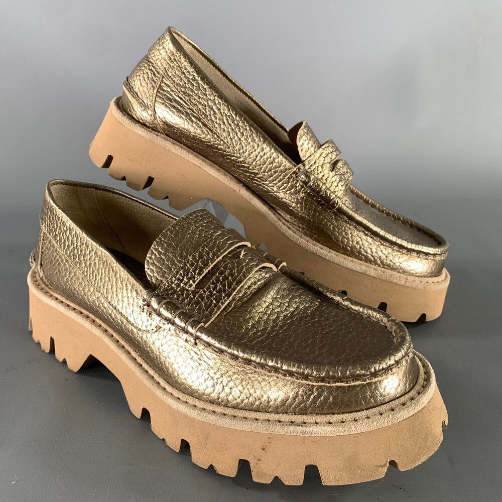 PEDRO GARCIA Size 8 Gold Tan Metallic Pebble Grain Loafer Flats